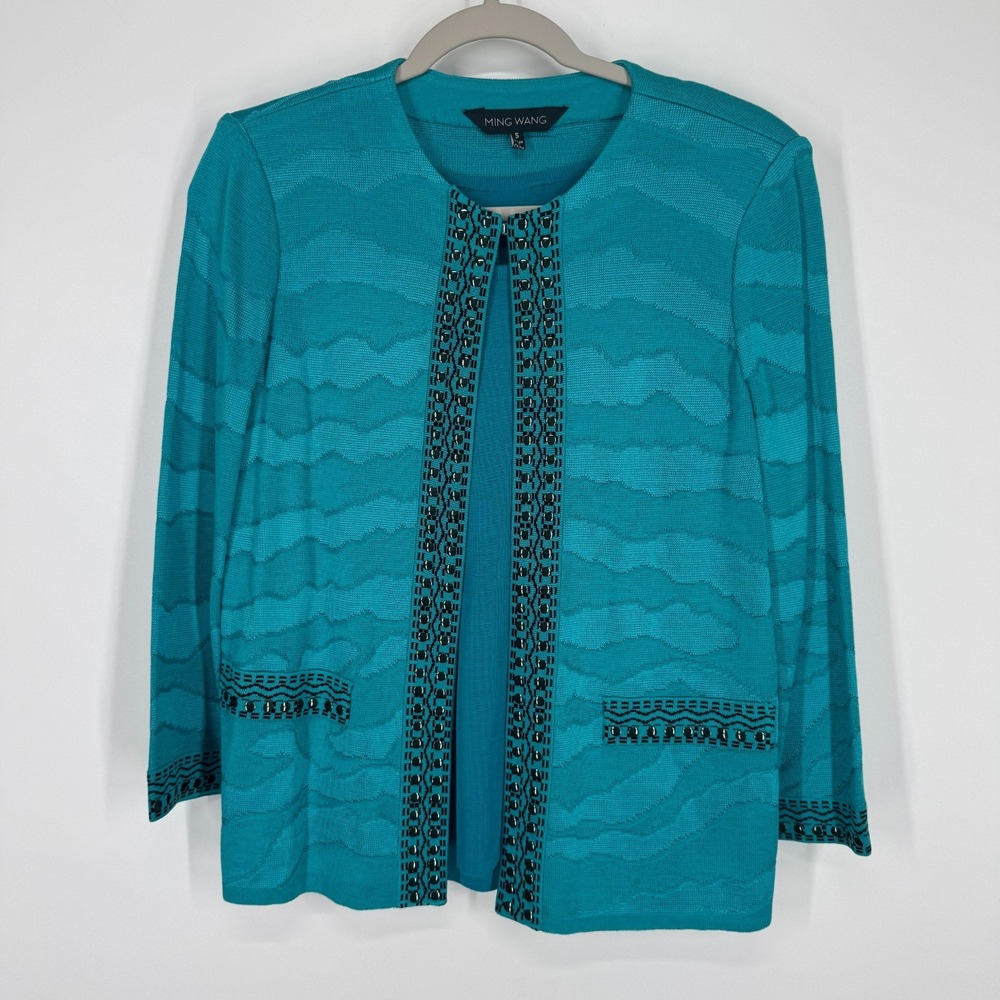 Ming Wang Womans Small Cardigan SET Teal Turquoise Textured Knit Acrylic Blue
